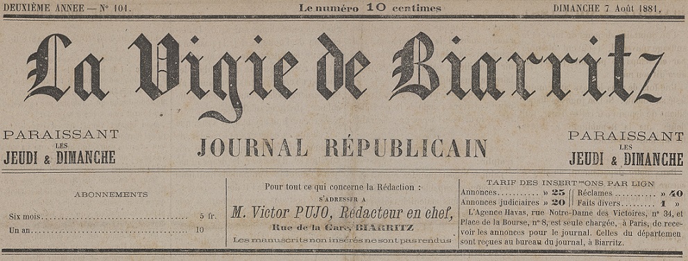 Photo (BnF / Gallica) de : La Vigie de Biarritz. Biarritz, 1880-[1881 ?]. ISSN 2018-6258.