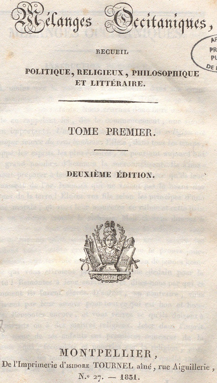 Photo (Hérault. Archives départementales) de : Mélanges occitaniques. Montpellier : Imprimerie d'Isidore Tournel aîné, 1831-1834. ISSN 1149-8854.