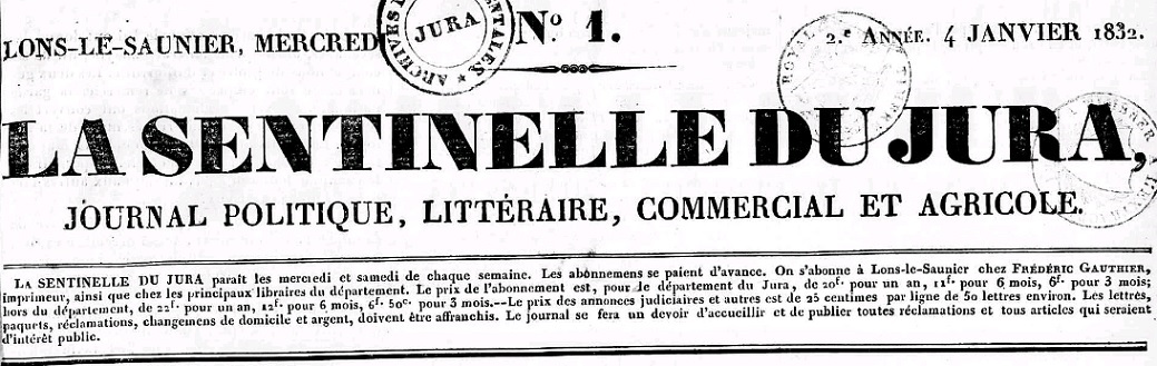 Photo (Jura. Archives départementales) de : La Sentinelle du Jura. Lons-le-Saulnier : Impr. F. Gauthier, 1831-1892. ISSN 2018-4093.