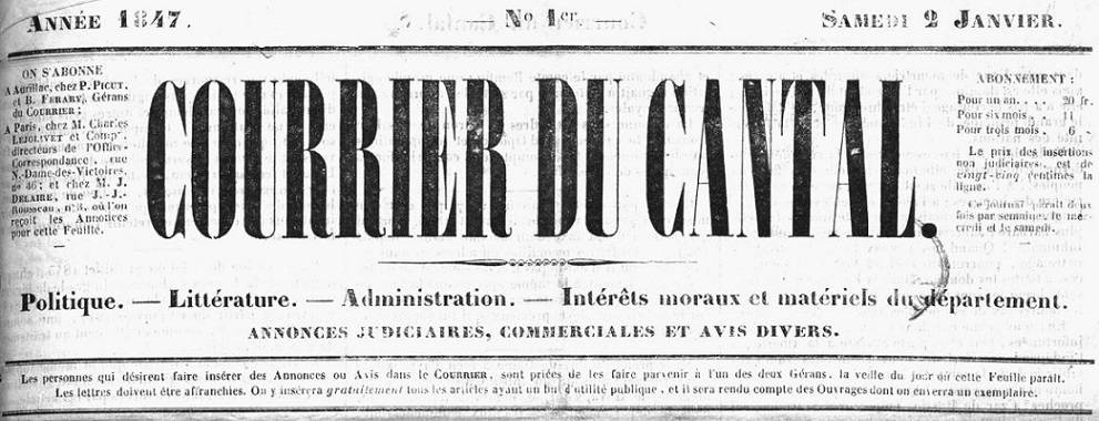 Photo (Cantal. Archives départementales) de : Courrier du Cantal. Aurillac : P. Picut, 1847-1849. ISSN 2124-8591.