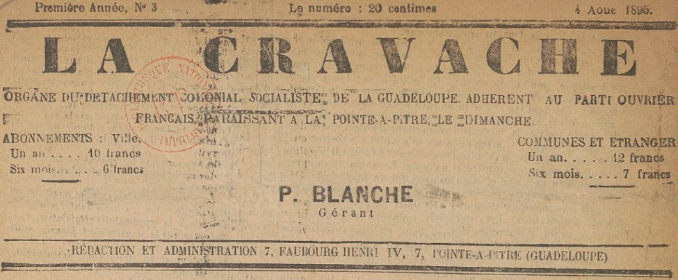 Photo (BnF / Gallica) de : La Cravache. Pointe-à-Pitre, 1895. ISSN 2608-7715.