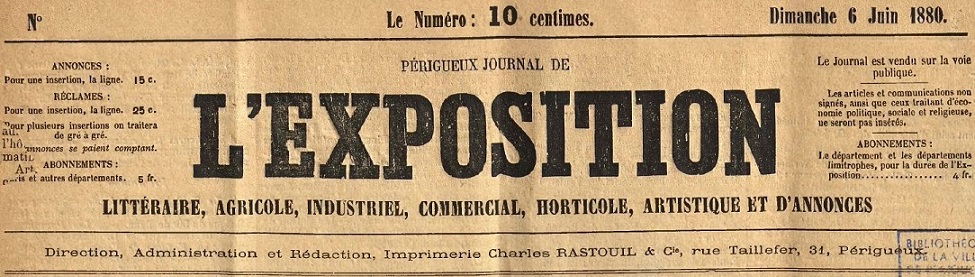 Photo (Médiathèque Pierre Fanlac (Périgueux)) de : L'Exposition. Périgueux, 1880. ISSN 2113-3999.