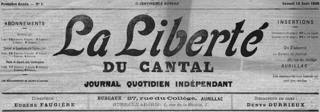 Photo (Cantal. Archives départementales) de : La Liberté du Cantal. Aurillac, 1905-1944. ISSN 2131-327X.