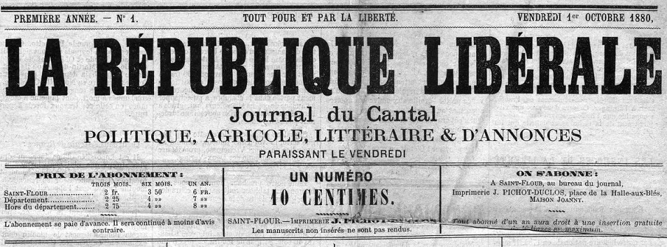 Photo (Cantal. Archives départementales) de : La République libérale. Saint-Flour, 1880-1907. ISSN 2136-5660.