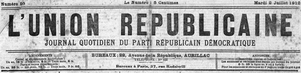 Photo (Cantal. Archives départementales) de : L'Union républicaine. Aurillac, 1912-[1939 ?]. ISSN 2139-5071.