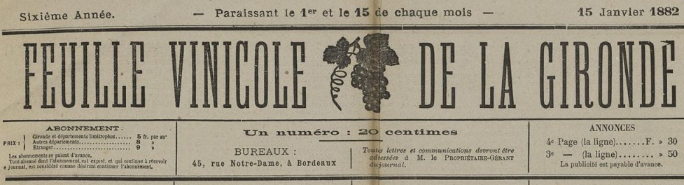 Photo (Bibliothèque municipale (Bordeaux)) de : Feuille vinicole de la Gironde. Bordeaux, 1876-1919. ISSN 0983-3927.