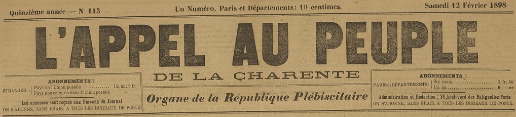 Photo (BnF / Gallica) de : L'Appel au peuple de la Charente. Paris, [1896?]-1939. ISSN 2111-1812.