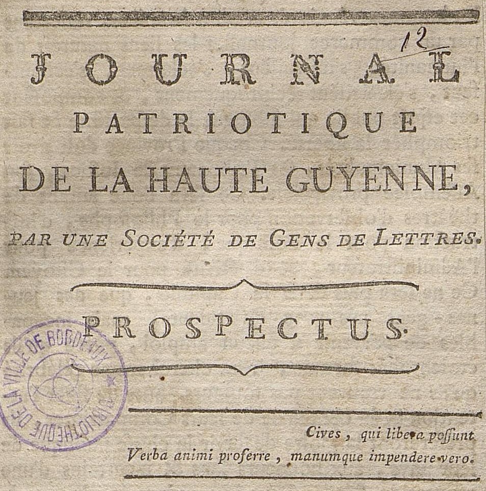Photo (Bibliothèque municipale (Bordeaux)) de : Journal patriotique de la Haute Guyenne. Montauban, 1789. ISSN 2823-6068.