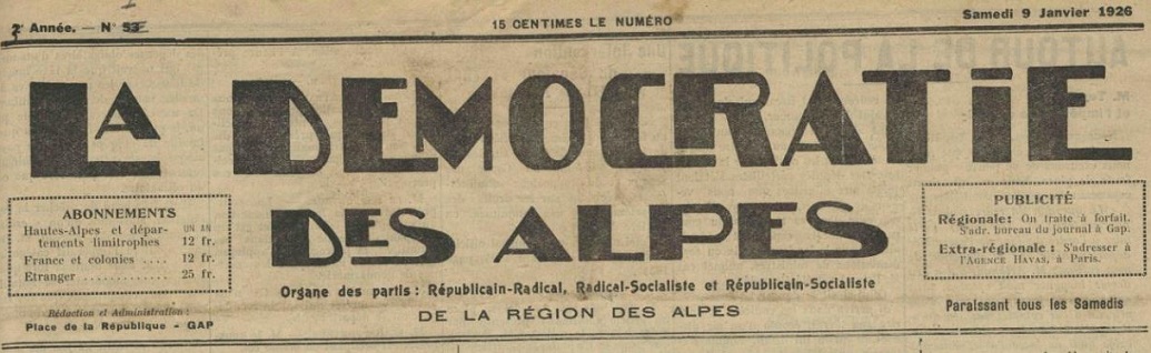 Photo (Hautes-Alpes. Archives départementales) de : La Démocratie des Alpes. Gap, 1926. ISSN 2258-5133.