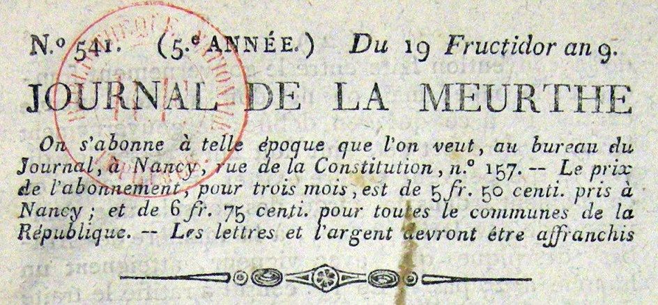 Photo (BnF / Gallica) de : Journal de la Meurthe. Nancy, 1798-1920. ISSN 1963-4528.