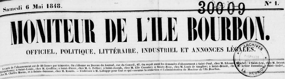 Photo (Réunion. Archives départementales) de : Moniteur de l'île Bourbon. Saint-Denis, 1848-1885. ISSN 2428-5501.