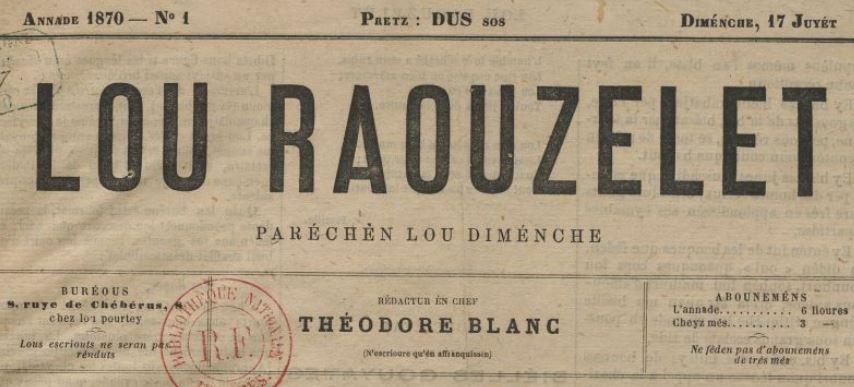 Photo (BnF / Gallica) de : Lou Raouzelet. Bordeaux, 1870. ISSN 2135-9334.