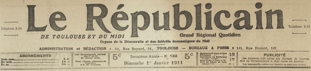 Photo (BnF / Gallica) de : Le Républicain de Toulouse et du Midi. Toulouse, 1910-1911. ISSN 2136-3692.
