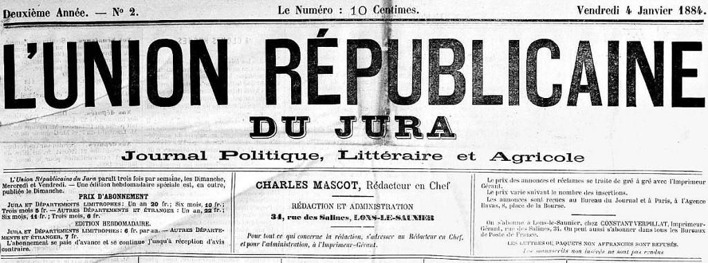 Photo (Jura. Archives départementales) de : L'Union républicaine du Jura. Lons-le-Saunier, 1883-1925. ISSN 2018-6673.