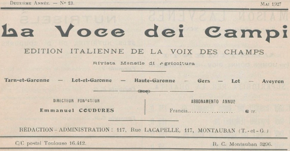 Photo (BnF / Gallica) de : La Voce dei campi. Montauban, 1927-[1928 ?]. ISSN 2266-8500.