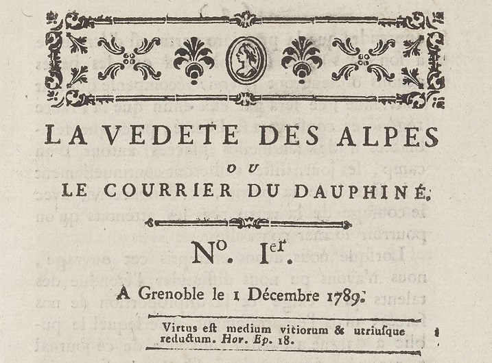 Photo (BnF / Gallica) de : La Vedete des Alpes ou le Courrier du Dauphiné. Grenoble : Falcon, 1789-1790. ISSN 2256-8352.