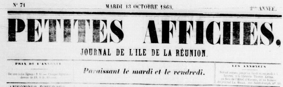 Photo (Réunion. Archives départementales) de : Petites affiches. Saint-Denis, [1862 ?-1864 ?]. ISSN 2428-5439.