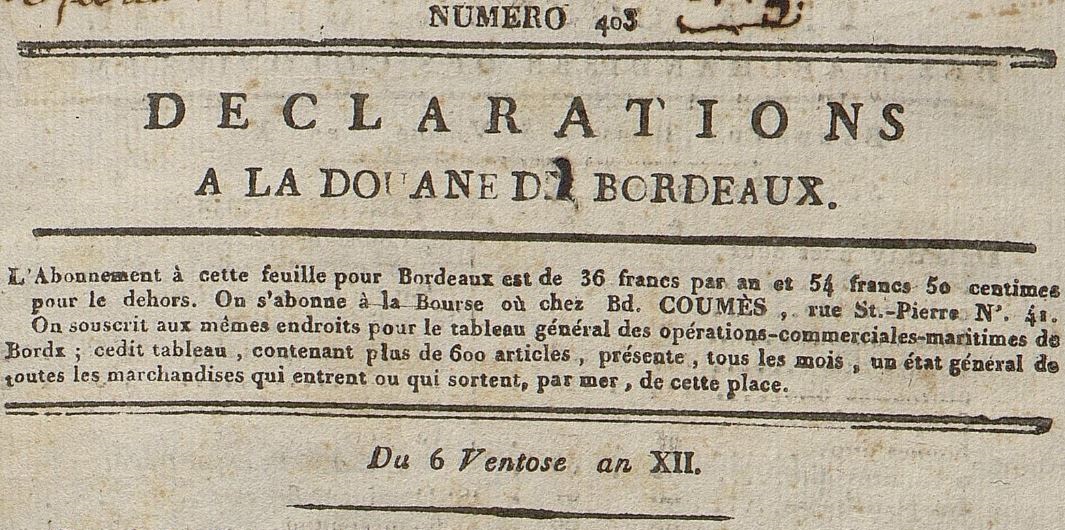 Photo (Bibliothèque municipale (Bordeaux)) de : Déclarations à la douane de Bordeaux. Bordeaux, 1799-[1805 ?]. ISSN 2824-1681.