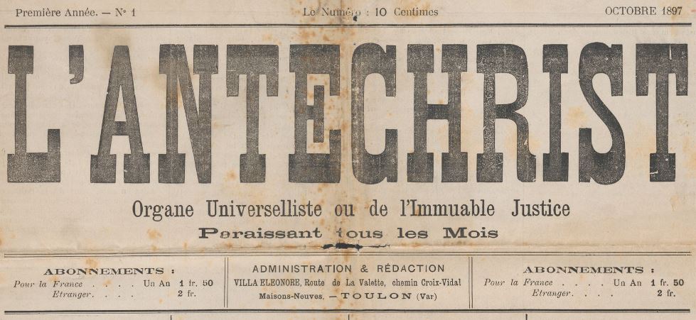 Photo (Michail Aleksandrovič Bakunin Papers, International Institute of Social History (Amsterdam)) de : L'Antéchrist. Toulon, 1897-[1897 ?]. ISSN 2120-8735.