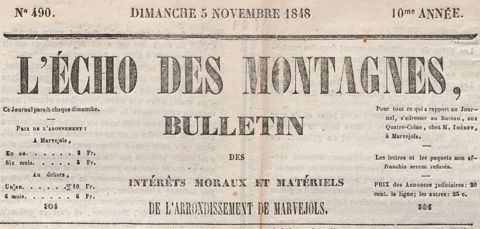 Photo (BnF / Gallica) de : L'Écho des montagnes. Marvejols : Théret, 1844-[1945 ?]. ISSN 2126-5089.