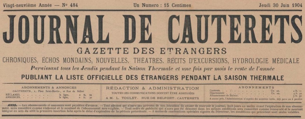 Photo (BnF / Gallica) de : Journal de Cauterets. Pau, Cauterets, 1877-[1913 ?]. ISSN 2130-3096.