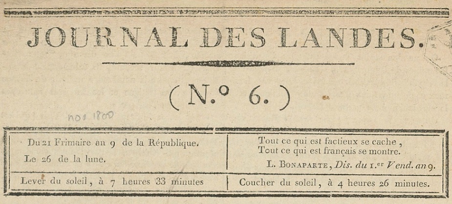 Photo (Landes. Archives départementales) de : Journal des Landes. Mont-de-Marsan, 1800-1814. ISSN 2017-3504.