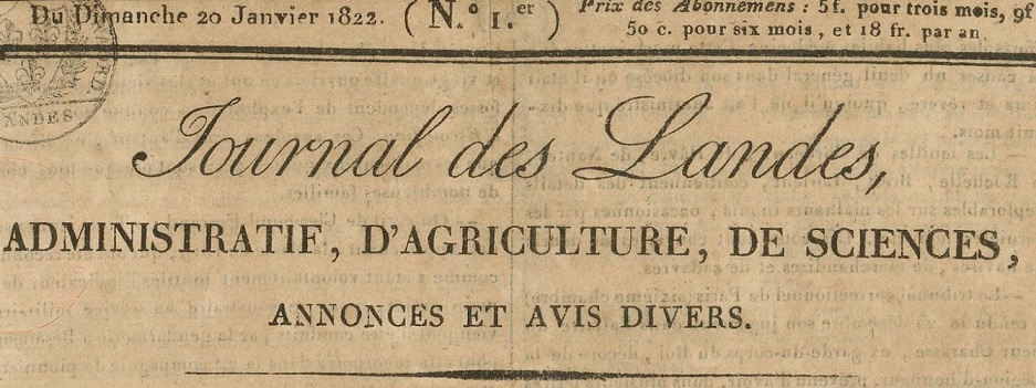 Photo (Landes. Archives départementales) de : Journal des Landes. Mont-de-Marsan, 1822-1915. ISSN 2130-7490.