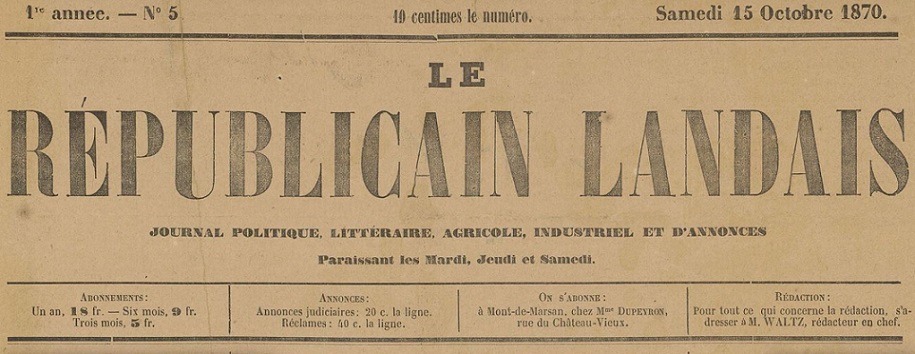 Photo (Landes. Archives départementales) de : Le Républicain landais. Mont-de-Marsan, 1870-1939. ISSN 2136-4400.