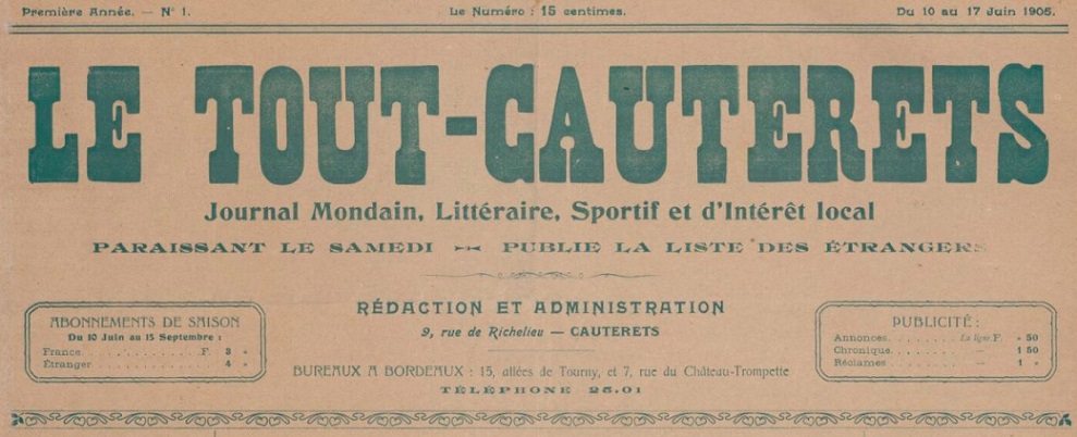Photo (BnF / Gallica) de : Le Tout-Cauterets. Cauterets, 1905-1906. ISSN 2111-2991.