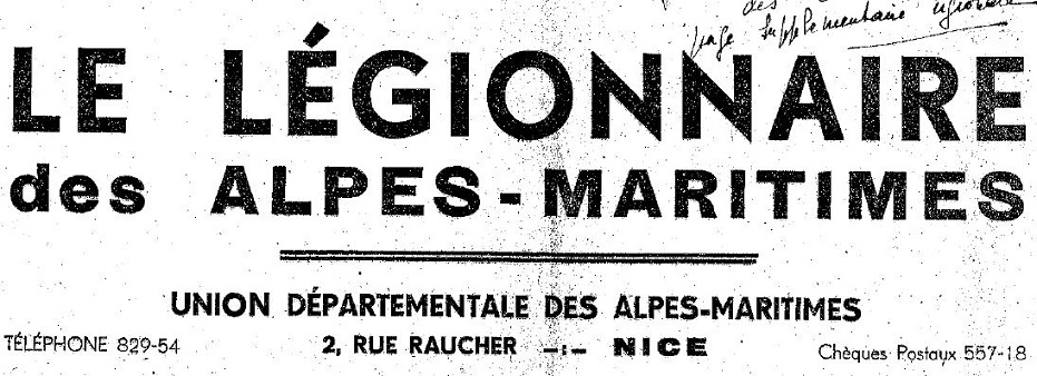 Photo (Bibliothèque municipale à vocation régionale (Nice)) de : Le Légionnaire des Alpes-Maritimes. Nice, [1941 ?]. ISSN 2646-9049.
