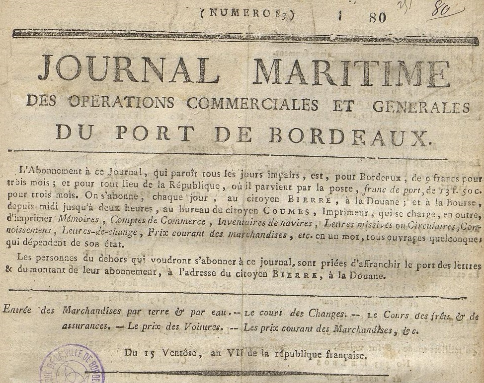 Photo (Bibliothèque municipale (Bordeaux)) de : Journal maritime des opérations commerciales et générales du port de Bordeaux. Bordeaux, 1795-1799. ISSN 2647-5200.