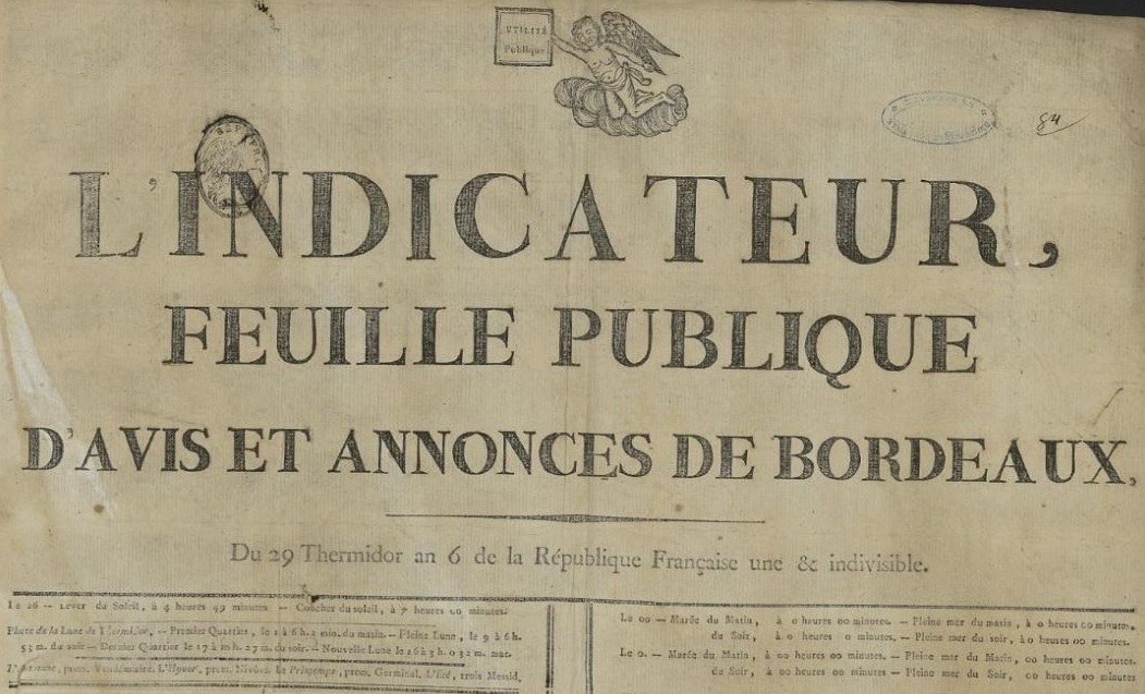 Photo (Bibliothèque municipale (Bordeaux)) de : L'Indicateur. Bordeaux, 1798-[1798 ?]. ISSN 2825-1385.