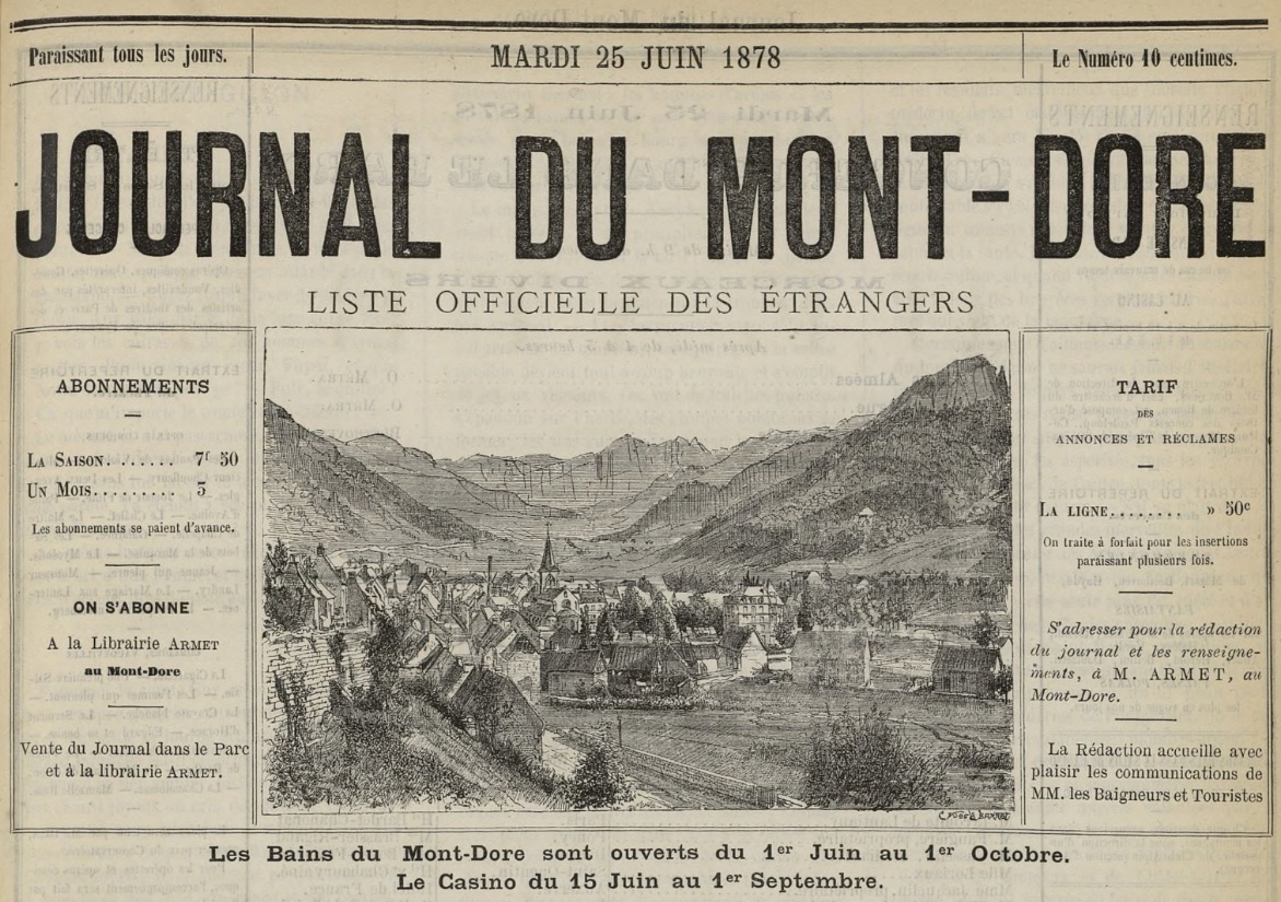 Photo (Bibliothèque du patrimoine de Clermont Auvergne métropole) de : Journal du Mont-Dore. Le Mont-Dore : Librairie Armet, 1876-1917. ISSN 0765-717X.