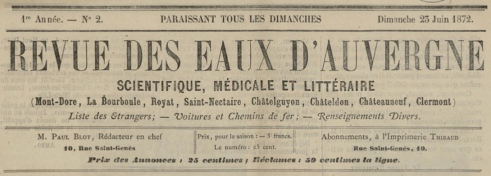 Photo (Bibliothèque du patrimoine de Clermont Auvergne métropole) de : Revue des eaux d'Auvergne. Clermont-Ferrand, 1872-1875. ISSN 0769-0002.