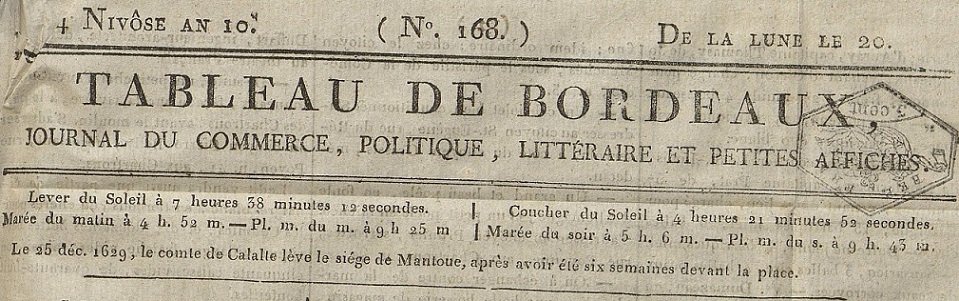 Photo (Bibliothèque municipale (Bordeaux)) de : Tableau de Bordeaux. Bordeaux, 1801-1802. ISSN 1965-9725.