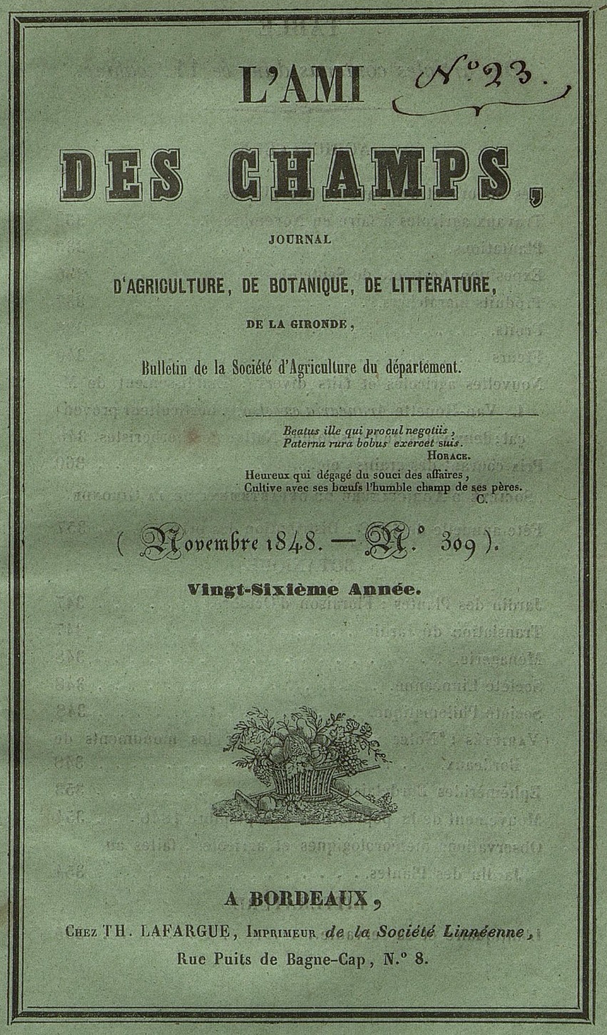 Photo (Bibliothèque municipale (Bordeaux)) de : L'Ami des champs. Bordeaux, 1823-1867. ISSN 1245-6209.