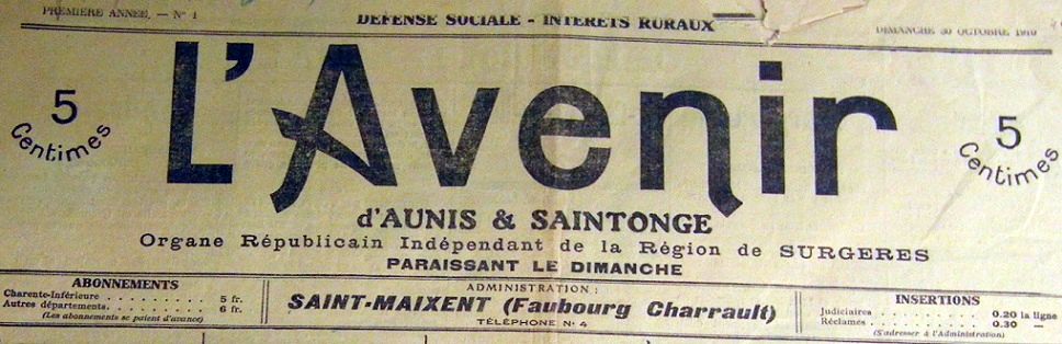 Photo (BnF / Gallica) de : L'Avenir d'Aunis & Saintonge. Saint-Maixent, 1910-1914. ISSN 2121-3615.