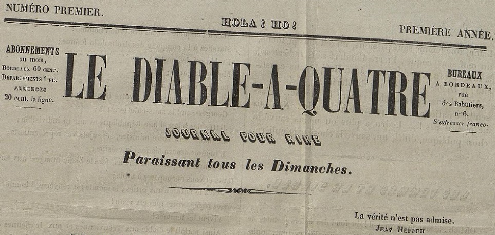 Photo (Bibliothèque municipale (Bordeaux)) de : Le Diable-à-quatre. Bordeaux, 1848-[1848 ?]. ISSN 2125-866X.