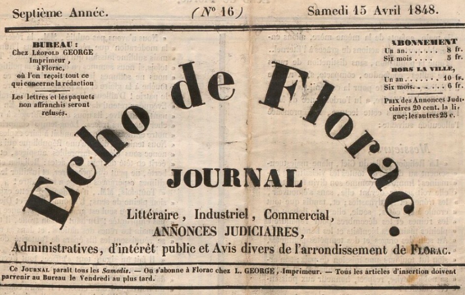Photo (BnF / Gallica) de : L'Écho de Florac. Florac, 1842-1848. ISSN 2126-1865.