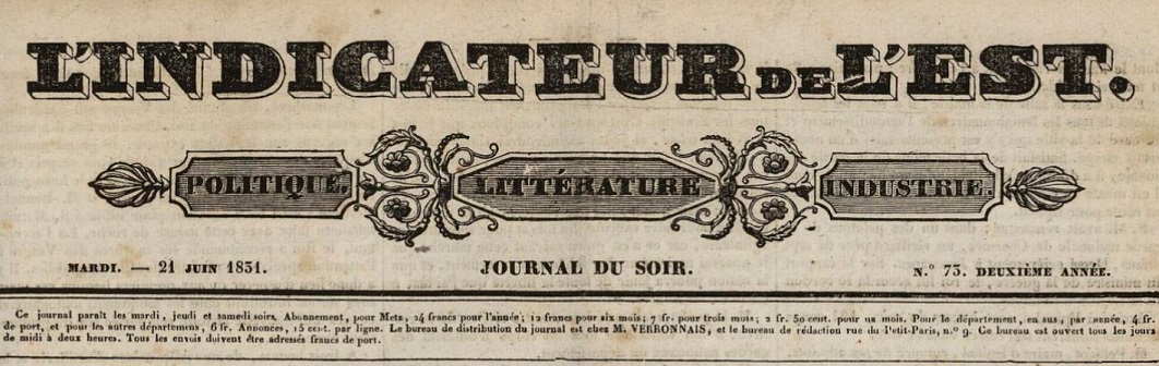 Photo (BnF / Gallica) de : L'Indicateur de l'Est. Metz, 1830-[1831 ?]. ISSN 1963-3114.