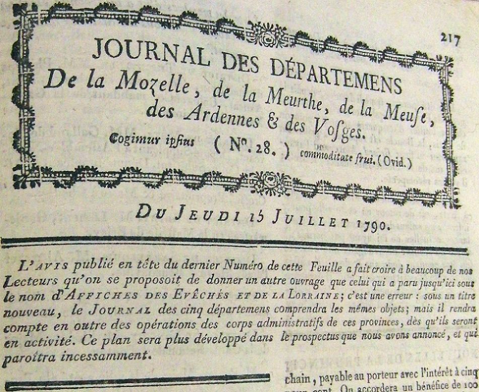 Photo (BnF / Gallica) de : Journal des départemens de la Mozelle, de la Meurthe, de la Meuse, des Ardennes et des Vosges. Metz, 1790-1806. ISSN 1962-0446.