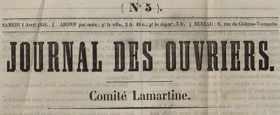 Photo (Bibliothèque municipale (Bordeaux)) de : Journal des ouvriers. Bordeaux, 1848. ISSN 2130-7695.
