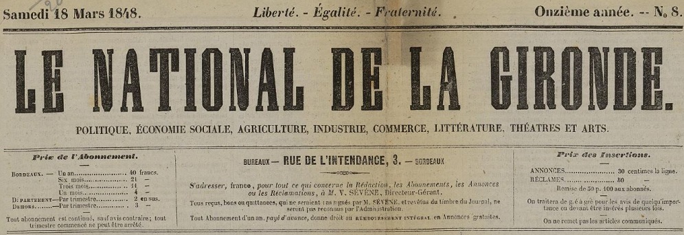 Photo (Bibliothèque municipale (Bordeaux)) de : Le National de la Gironde. Bordeaux, [1848 ?]-1848. ISSN 2132-7629.