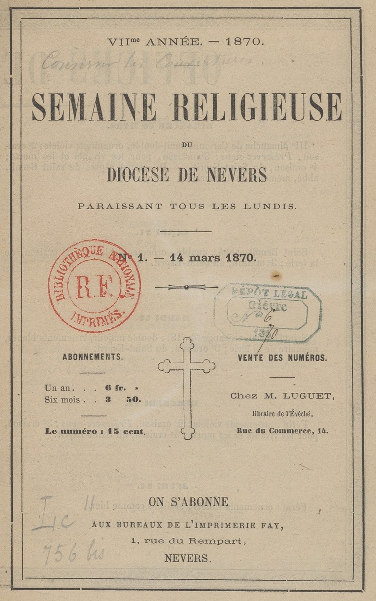 Photo (BnF / Gallica) de : La Semaine religieuse du diocèse de Nevers. Nevers, 1864-1972. ISSN 0184-5837.
