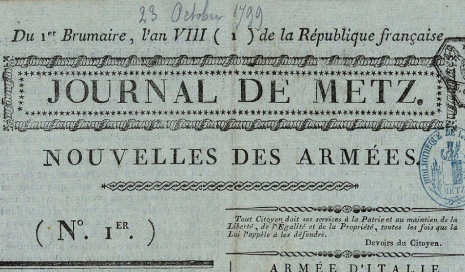 Photo (BnF / Gallica) de : Journal de Metz. Metz, 1799-1802. ISSN 1962-0470.
