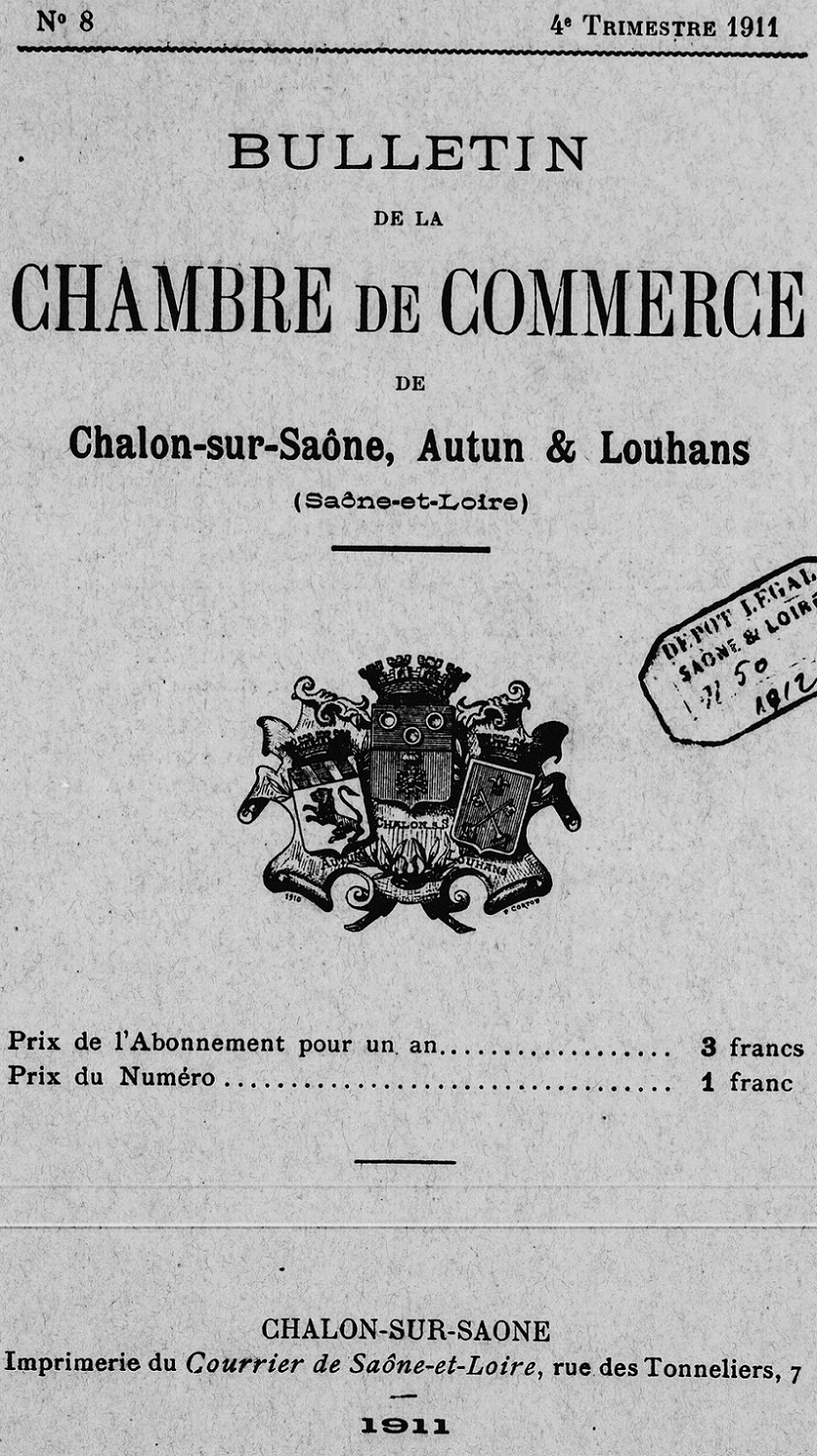 Photo (BnF / Gallica) de : Bulletin de la Chambre de commerce de Chalon-sur-Saône, Autun et Louhans. Chalon-sur-Saône : Impr. du Courrier de Saône-et-Loire, 1887-[1946 ?]. ISSN 2824-1835.