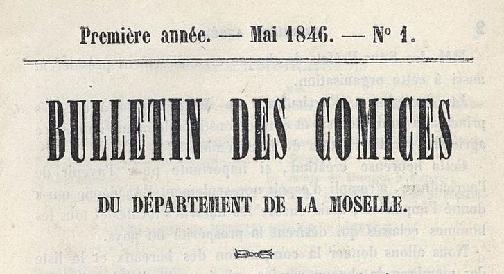 Photo (BnF / Gallica) de : Bulletin des comices du département de la Moselle. Metz : Impr. S. Lamort, 1846-1872. ISSN 1962-0179.