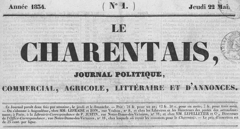 Photo (Charente. Archives départementales, cote 1 PER 1) de : Le Charentais. Angoulême : Impr. de Lefraise et Eon, 1834-[1895 ?]. ISSN 2100-6865.