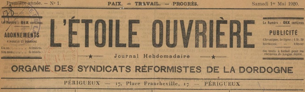 Photo (BnF / Gallica) de : L'Étoile ouvrière. Périgueux, 1920. ISSN 2114-6705.