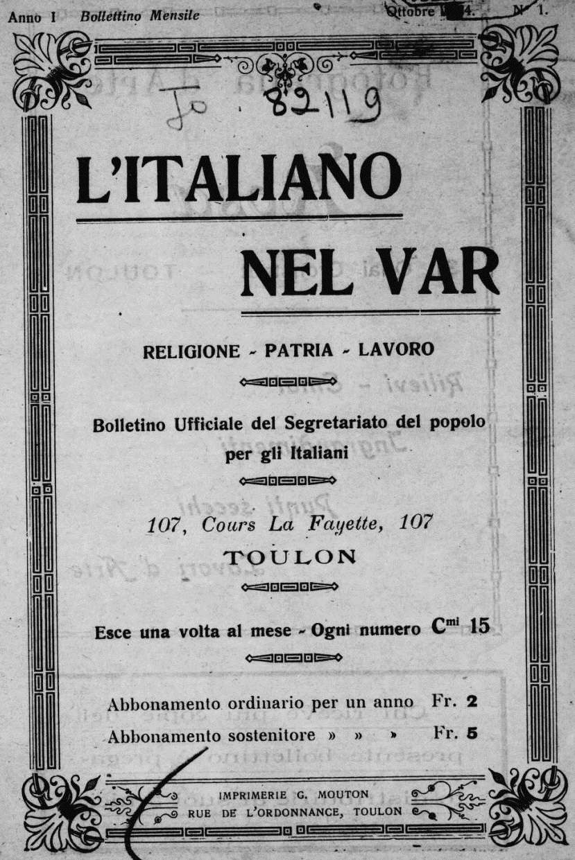Photo (BnF / Gallica) de : L'Italiano nel Var. Toulon, 1924-1933. ISSN 2740-8000.